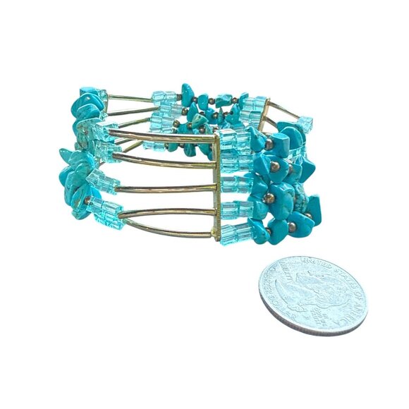 Turquoise Chip Bead Cuff Bracelet Multi Strand Wire Wrap Vintage Style Jewelry - Picture 8 of 9